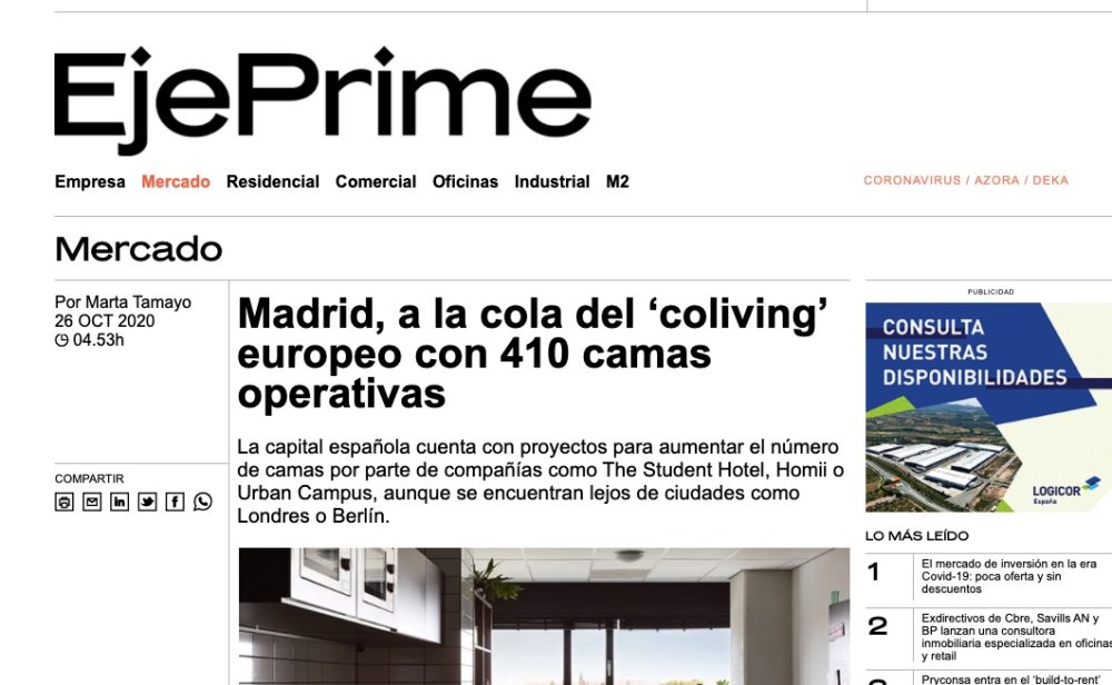 Urban Campus is leading the Coliving sector in Spain, according to CBRE and Ejeprime