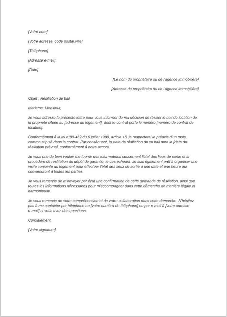 lettre de résiliation de bail en location meublée