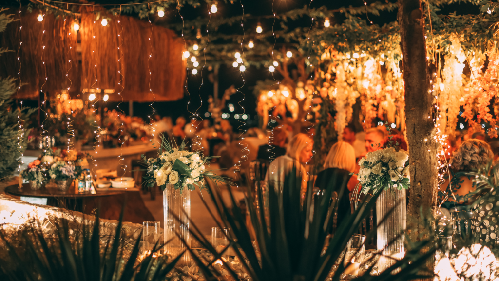 Restaurant terrace decorated with fairy lights and plants in the Salamanca district, Madrid