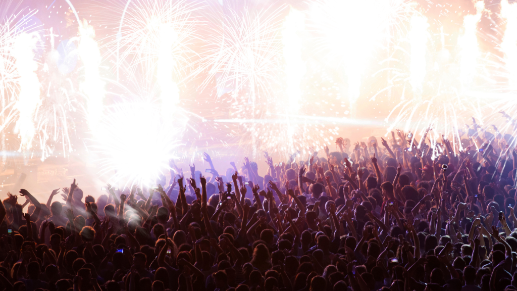 Fireworks over a festival crowd in Madrid