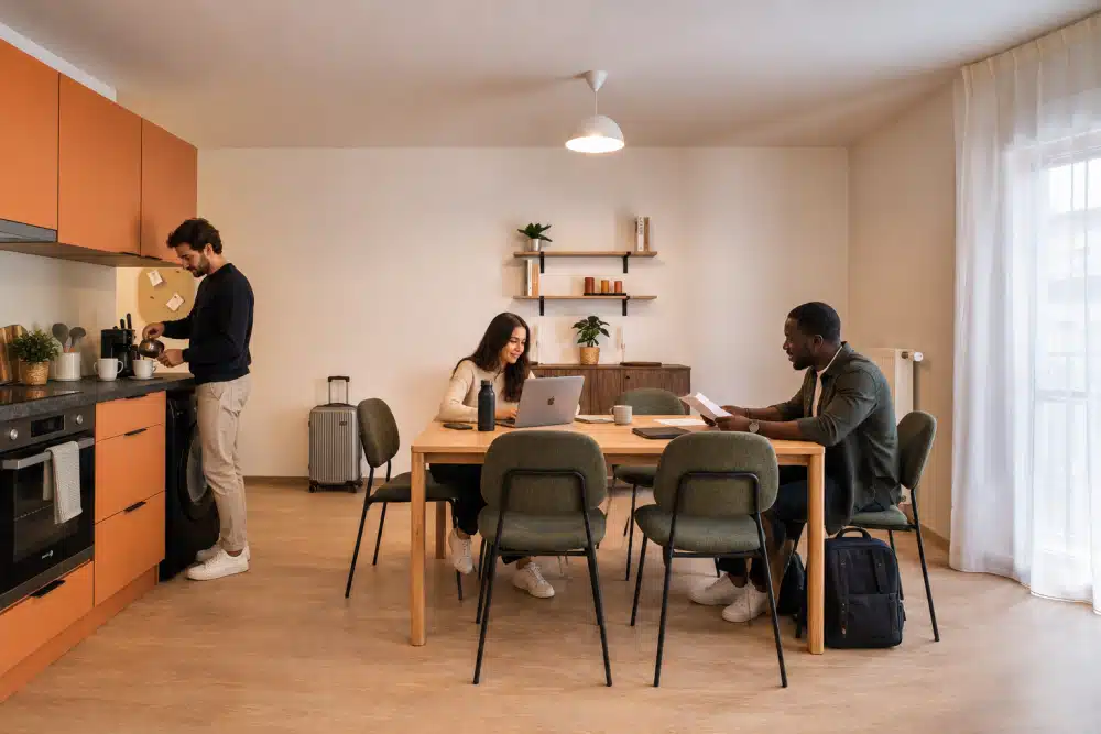 Logement d'entreprise Urban Campus : cuisine et salle à manger d'un appartement meublé, résidents au travail