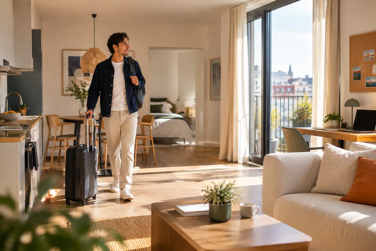 Arrivée avec valise dans un appartement Urban Campus lumineux, salon ouvert sur un balcon