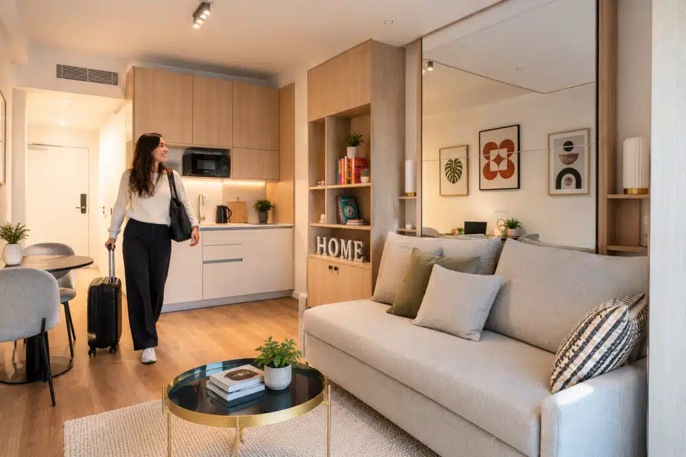 Arrivée avec valise dans un studio meublé Urban Campus avec kitchenette, canapé et coin repas