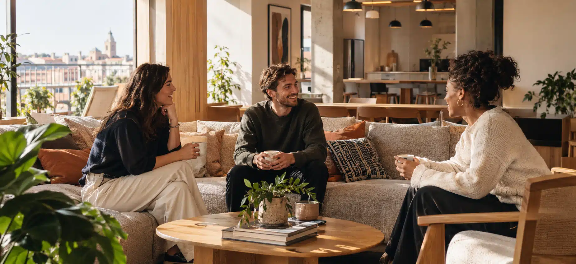 Résidents échangeant autour d'un café dans le salon commun lumineux d'une résidence Urban Campus