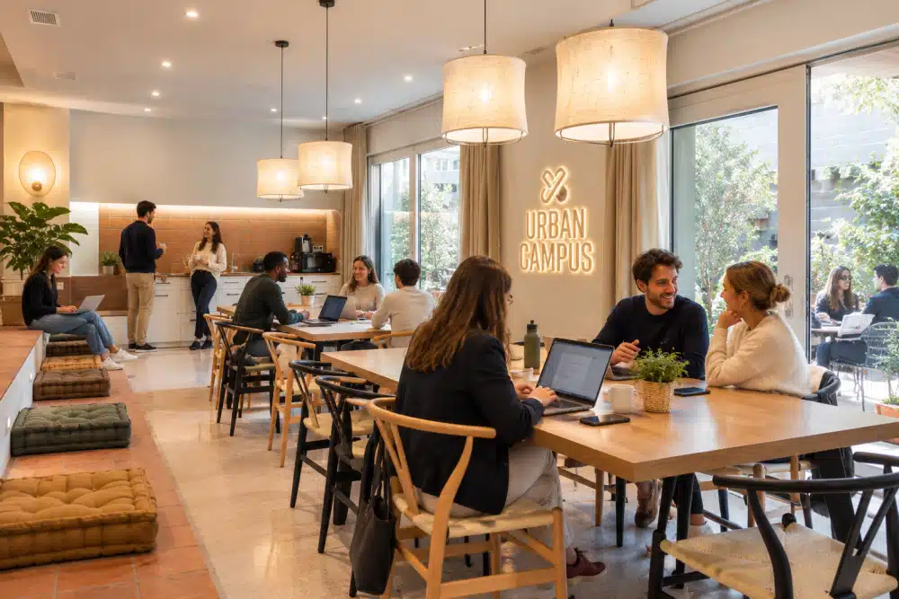 Espace de coworking Urban Campus avec tables partagées, résidents sur ordinateur et accès à une terrasse arborée