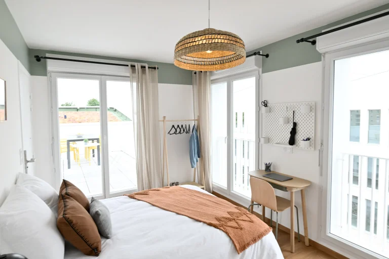 Bedroom with desk and terrace view at Urban Campus La Maillerie Coliving in Lille