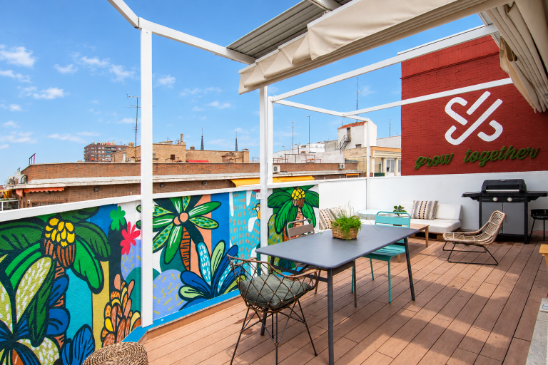 Outdoor terrace at Urban Campus Mellado Madrid, open-air lounge space