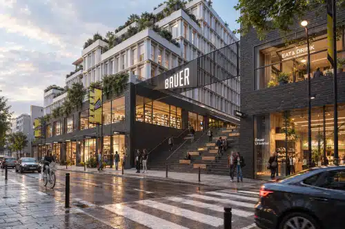 Exterior facade of Urban Campus Bauer residence on rue du Docteur Bauer in Saint-Ouen, with green terraces