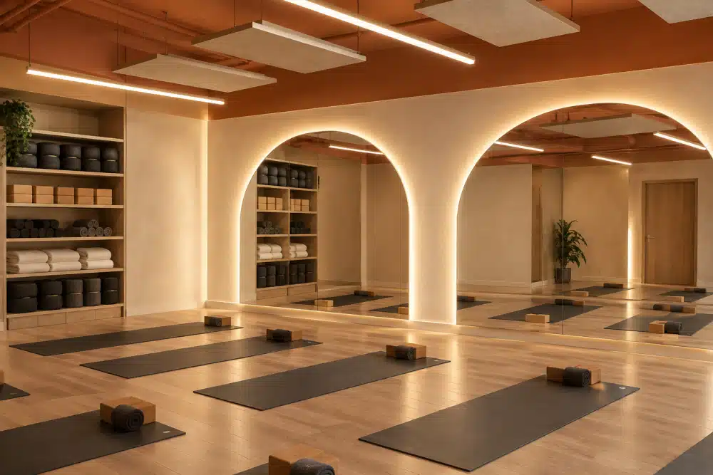 Yoga and fitness room at Urban Campus Bauer residence in Saint-Ouen, mats and arched mirrors