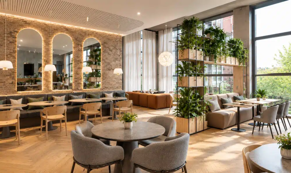 Lounge and breakfast room at Urban Campus Bauer residence in Saint-Ouen, tables, sofas and greenery
