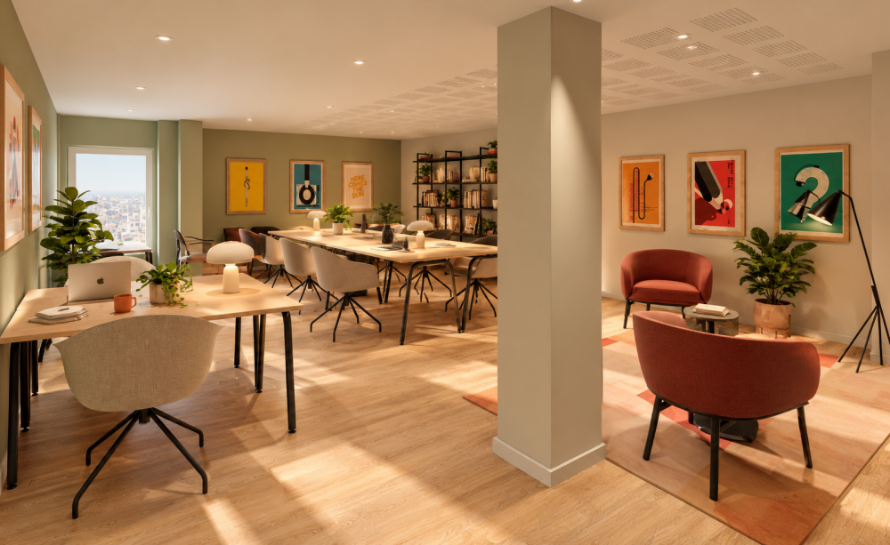 Shared workspace at Urban Campus Bauer residence in Saint-Ouen, long desks and armchair reading corner