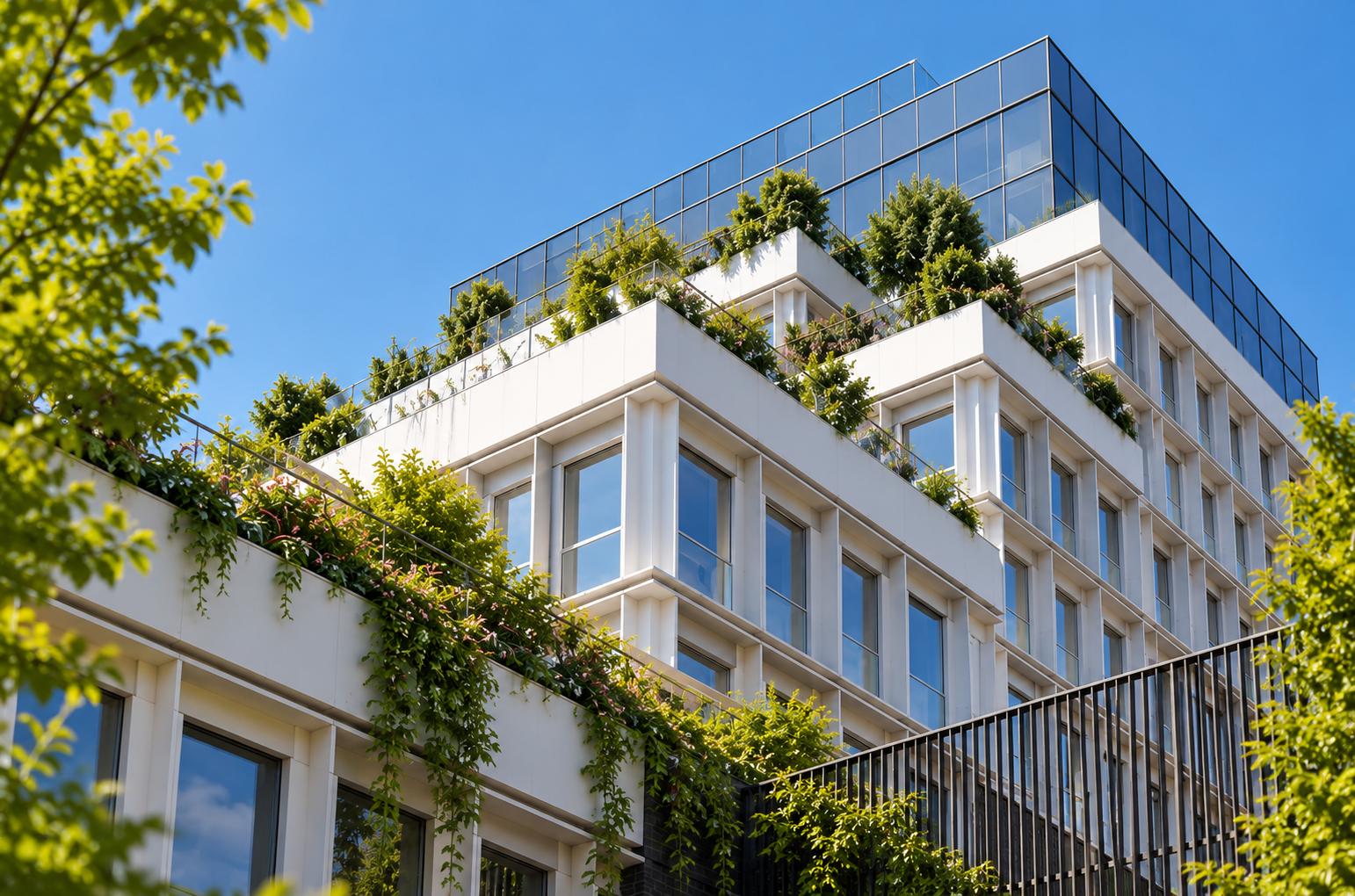 Détail de la façade de la résidence Urban Campus Bauer à Saint-Ouen, terrasses en gradins végétalisées