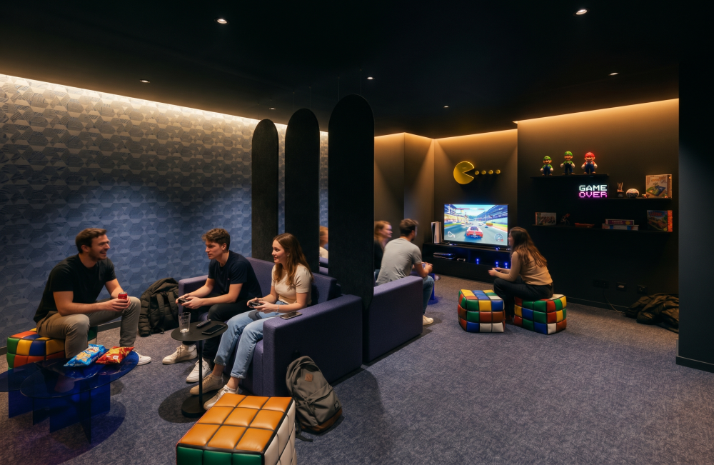 Games room at Urban Campus Bauer residence in Saint-Ouen, video game console, sofas and colourful poufs